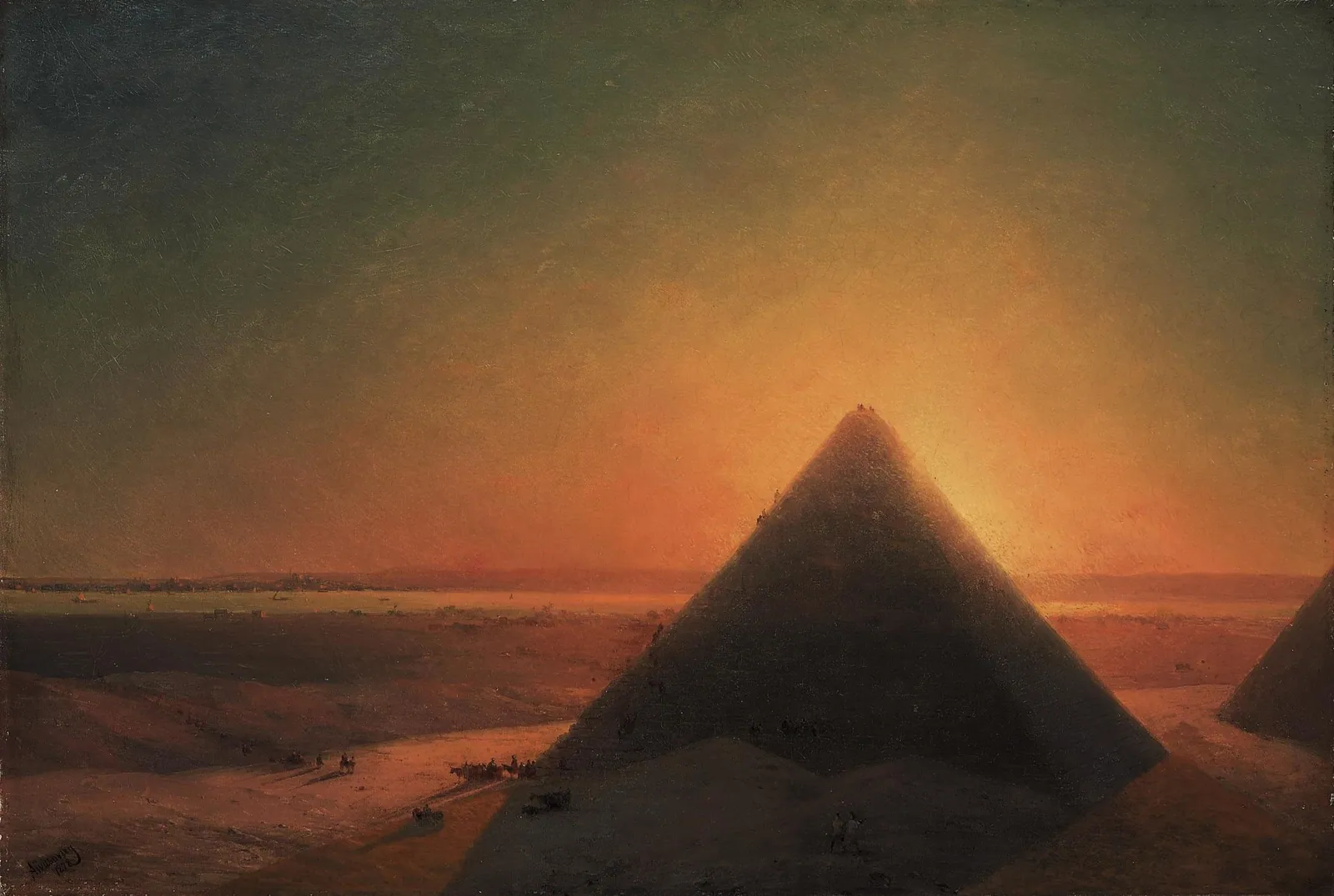 Ivan Ajvazovskij, ”Den stora pyramiden i Giza” (1871): den ryske marinmålaren, som besökte Egypten vid Suezkanalens invigning 1869, gör pyramiden till ett svart berg mot en glödande himmel.