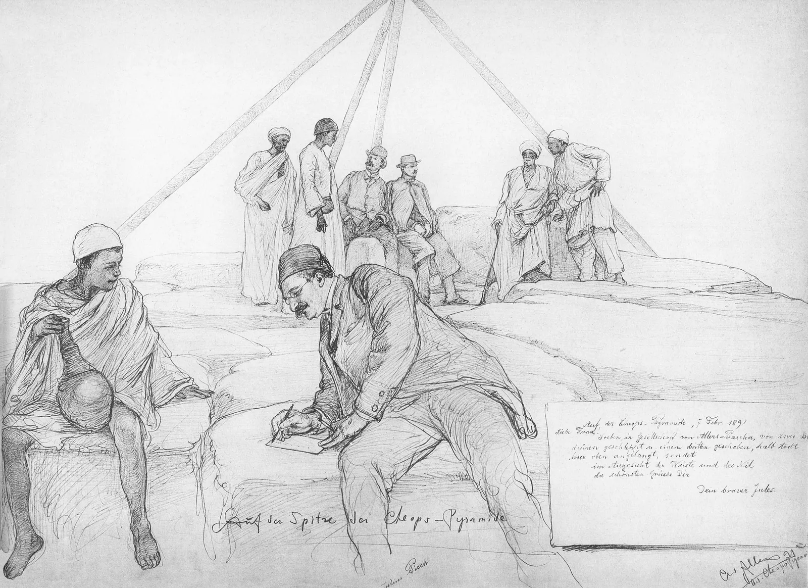 ”Auf der Spitze der Cheops” – C. W. Allers skiss från den 7 februari 1891 ur boken Backschisch: dr Julius Pieck, passagerare på Hamburg-Amerika-linjens orientkryssning med Augusta Victoria (ofta kallad den första nöjeskryssningen), skriver ett vykort till sin fru på Cheopspyramidens topp.