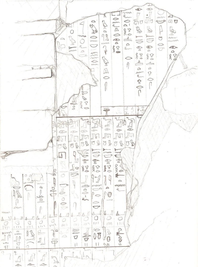Skiss av norra väggen i gravkammaren i drottning Behenus pyramid, vars pyramidtexter den fransk-schweiziska missionen hittade 2010 nära Pepi I:s pyramid.