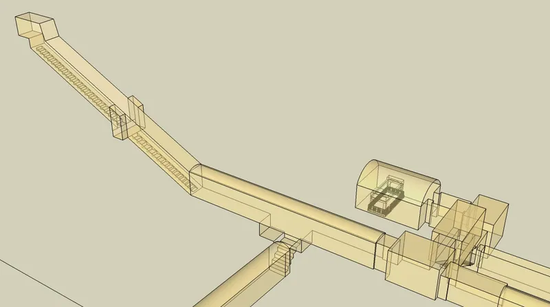 Franck Monniers 3D-rekonstruktion av Svarta pyramidens underjordiska rum: trappor, gångar, fällstenar, kapell och gravkammare för kungen och två drottningar.