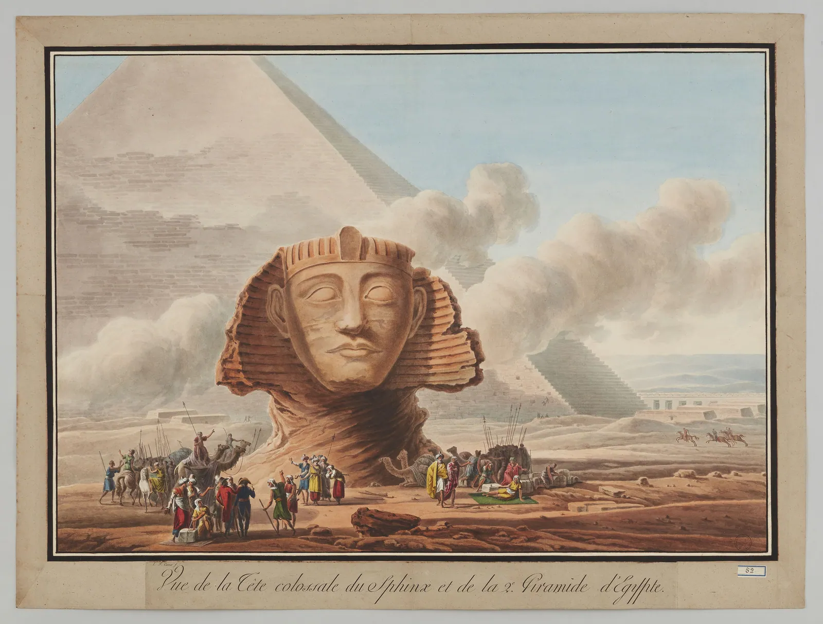 ”Sfinxens kolossala huvud och den andra pyramiden”, ett handkolorerat tryck efter Louis-François Cassas, som besökte Egypten 1785 (utgivet från ca 1799). En karavan slår läger vid Sfinxens haka; Chefrens pyramid svävar i diset bakom.
