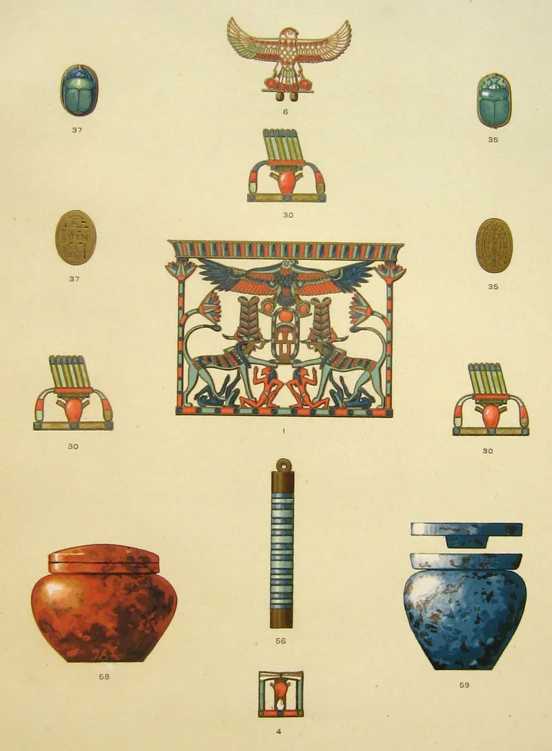 Färgplansch ur Jacques de Morgans publikation av utgrävningarna i Dahshur (1895): smycken från Senusret III:s anläggning, med Mererets bröstsmycke med Senusret III:s namn i mitten.