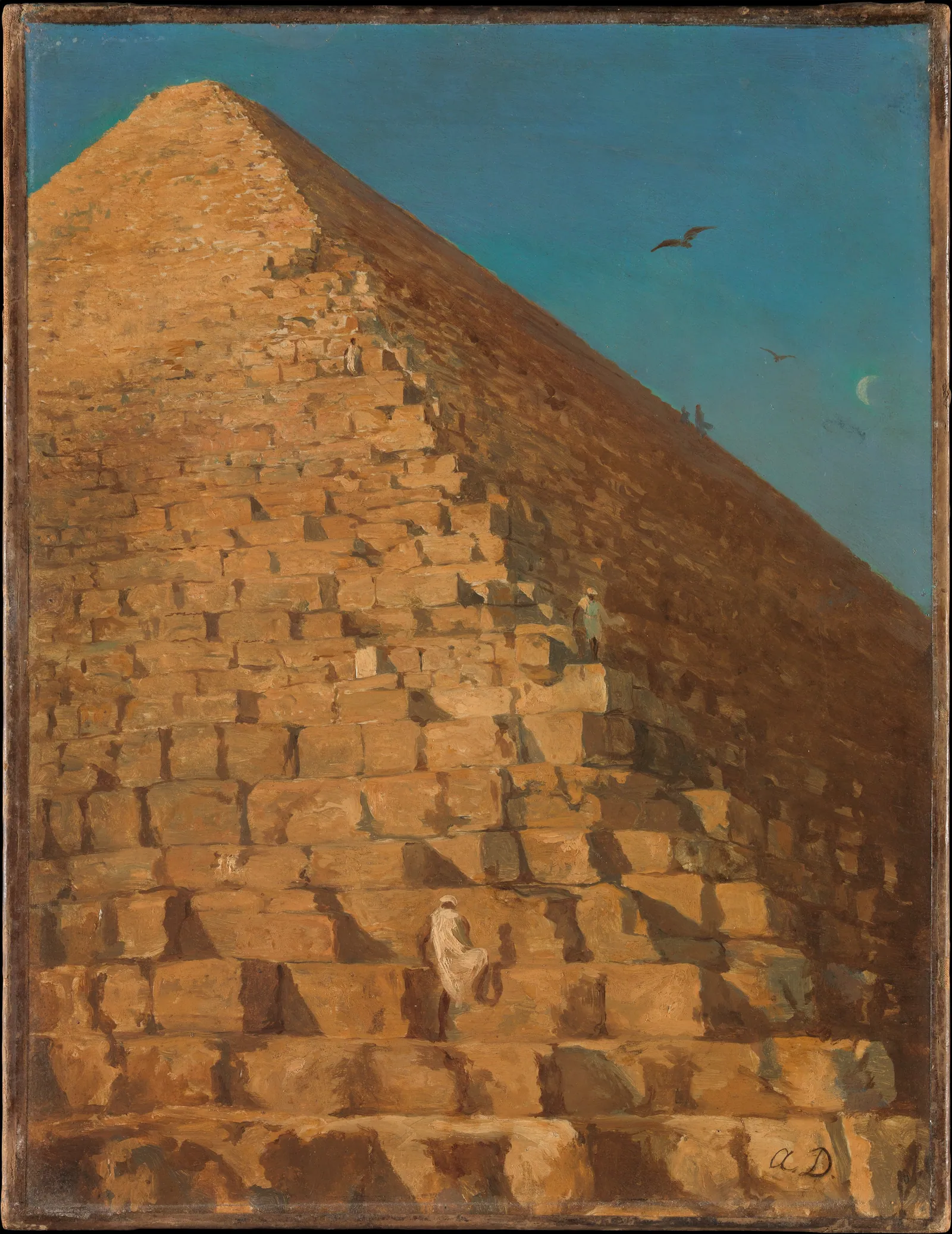 Adrien Dauzats, ”Den stora pyramiden, Giza” (olja, troligen 1830-talet; Met 2015.506.1): en svindlande studie av pyramidens trappstegade kärnblock, med små klättrare längs kanten och en månskära – den skala ni känner vid sydöstra hörnet.