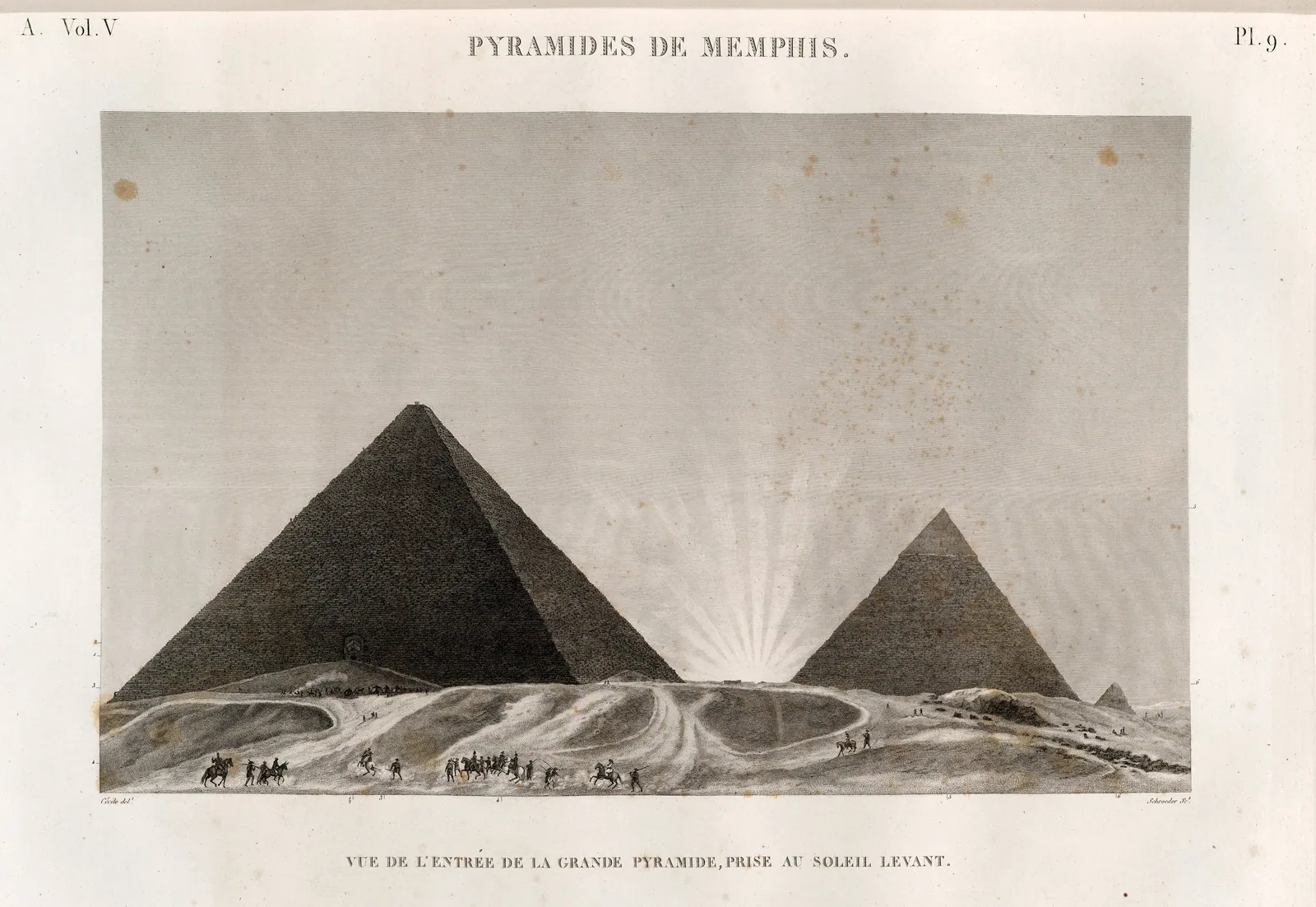 ”Ingången till Cheopspyramiden i soluppgången” (Antiquités V, pl. 9): Cheops och Chefrens pyramider som mörka silhuetter med solstrålar som fläktar ut mellan dem – Gizaseriens mest teatrala plansch.