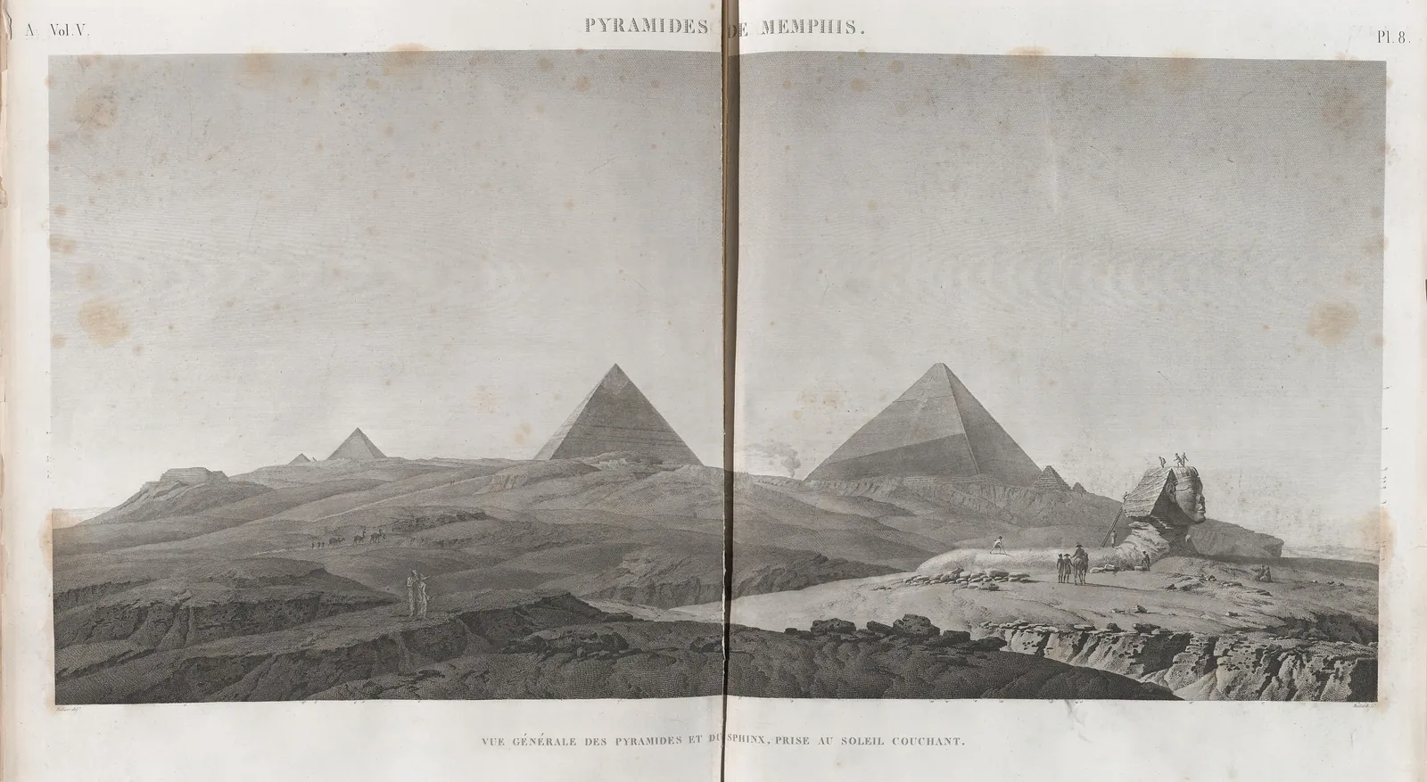 ”Pyramiderna och Sfinxen vid solnedgången” (Antiquités V, pl. 8): ett uppslagsstort kopparstick där Sfinxens huvud bryter igenom sanden nedanför de två stora pyramiderna.