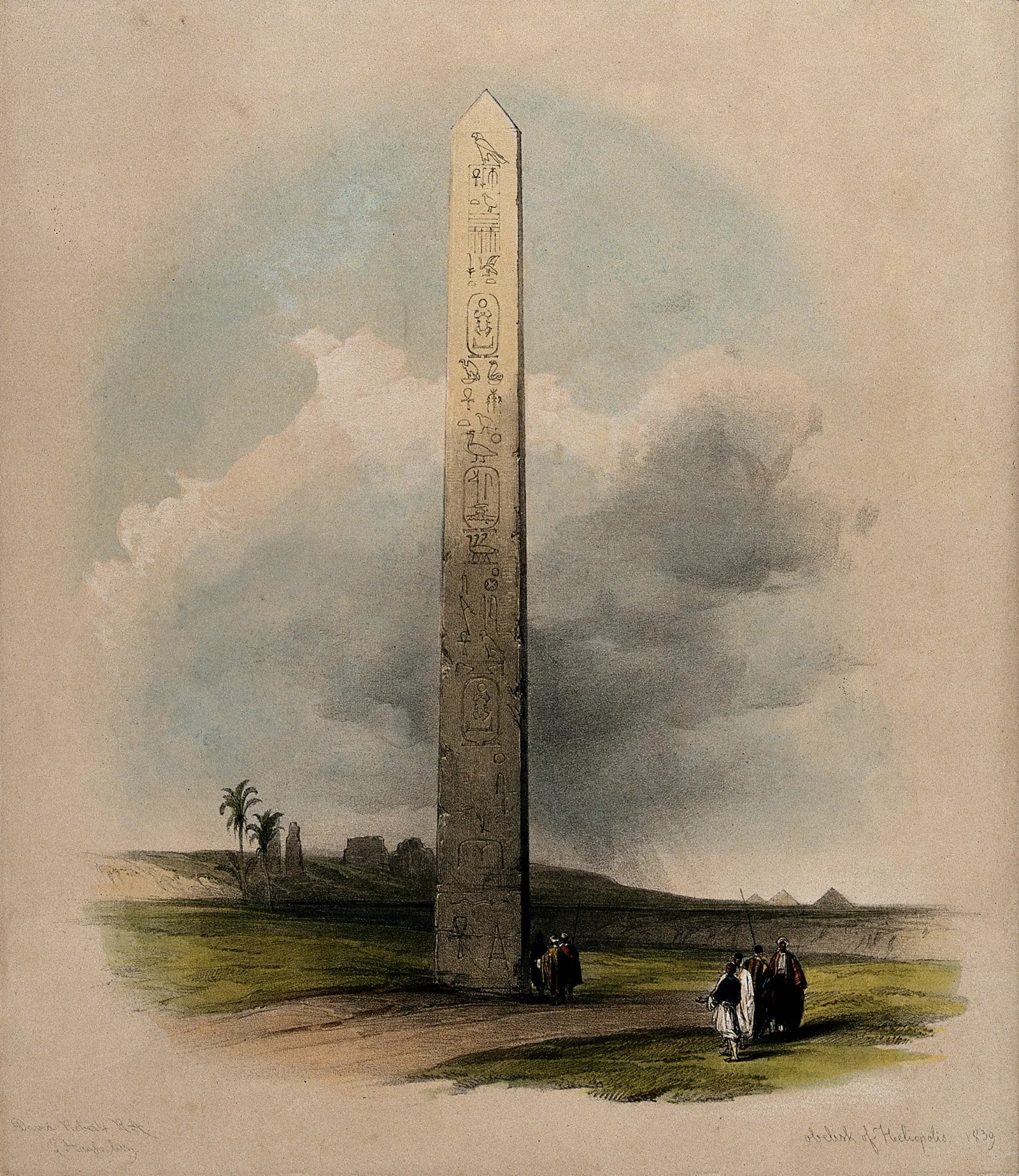 ”Obelisk at Heliopolis”: kolorerad litografi av Louis Haghe efter David Roberts, 1848 – romantikens bild av Solstaden.