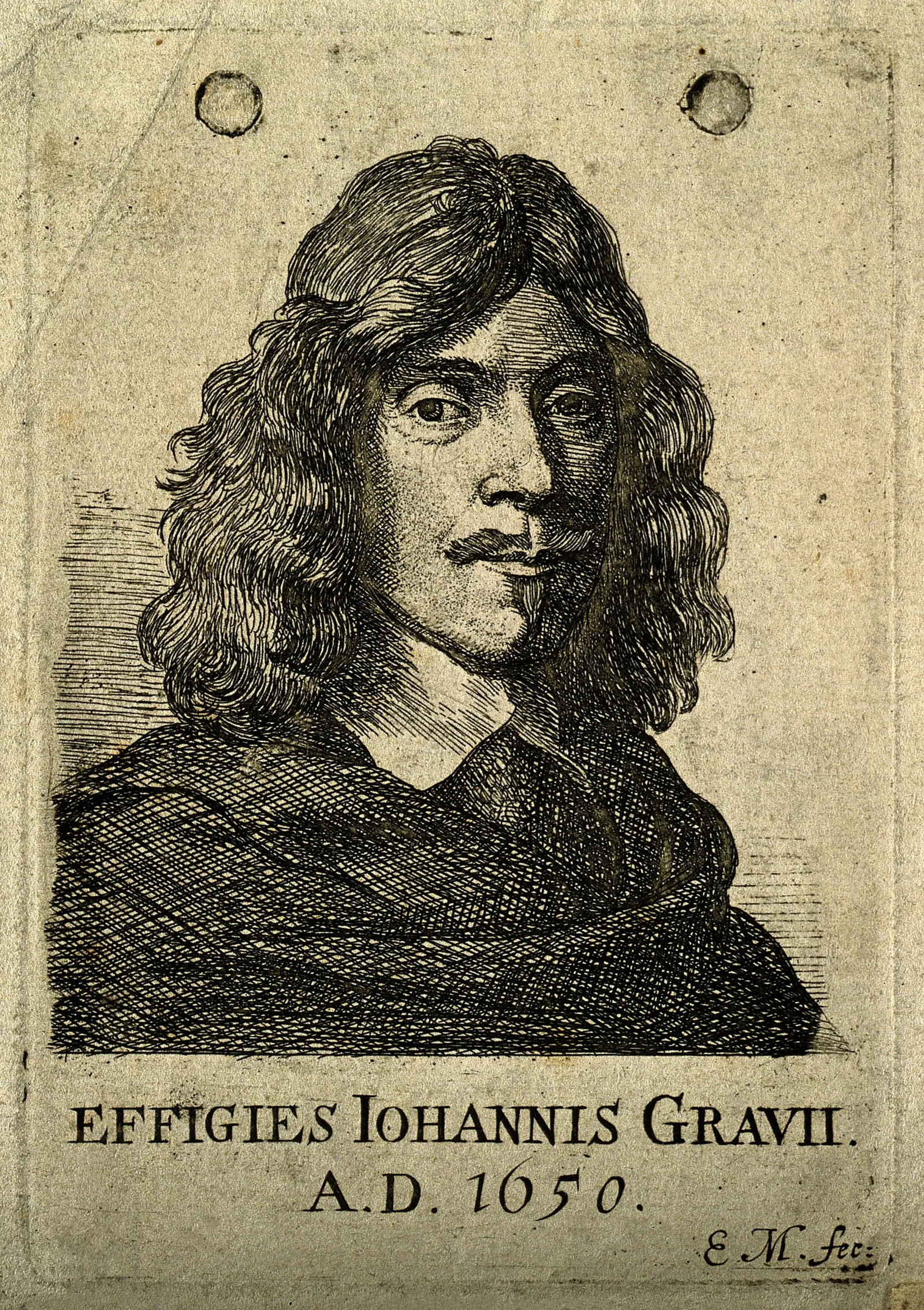 John Greaves (1602–1652), astronomen från Oxford som kom till Giza 1638–39 med instrument för att mäta snarare än förundras. I Pyramidographia (1646) angav han Cheopspyramidens bas till 693 engelska fot. Etsning från 1650 (Wellcome Collection).