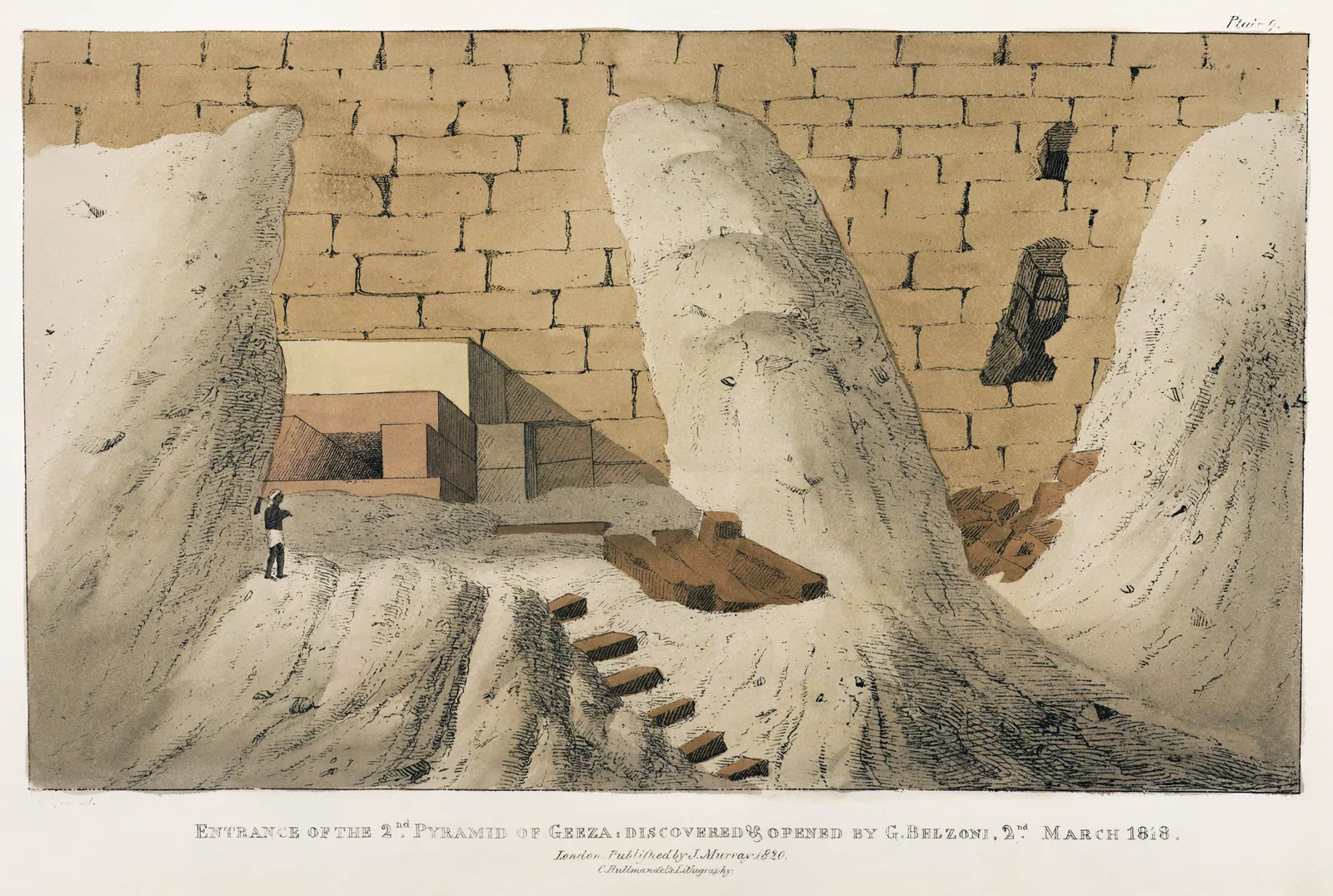 Belzonis egen planch över 'Entrance into the Pyramid of Cephrenes', som han öppnade den 2 mars 1818, ur Plates Illustrative of the Researches and Operations in Egypt and Nubia (1820). Han hittade ingången genom att se att rasmassorna på nordsidan låg öster om mittlinjen.