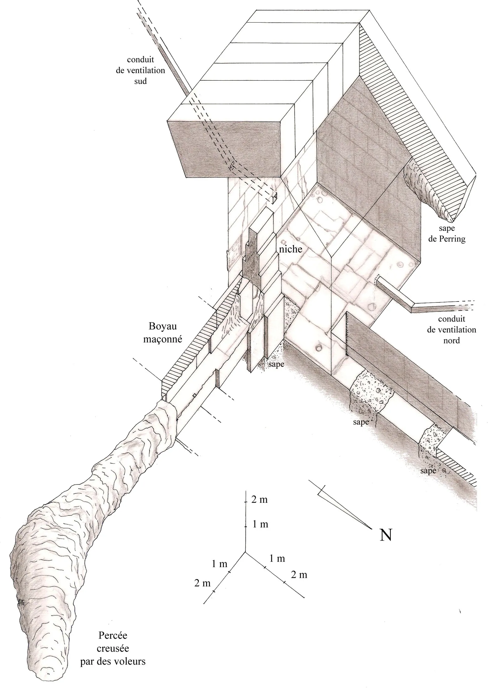Axonometrisk ritning av Drottningens kammare (Franck Monnier): sadeltaket, den trappstegsformade nischen (cirka 4,7 meter hög) och de två smala schakten som Waynman Dixon öppnade 1872. Där hittade senare robotarna Upuaut 2 (1993) och Djedi (2011) stenluckorna.