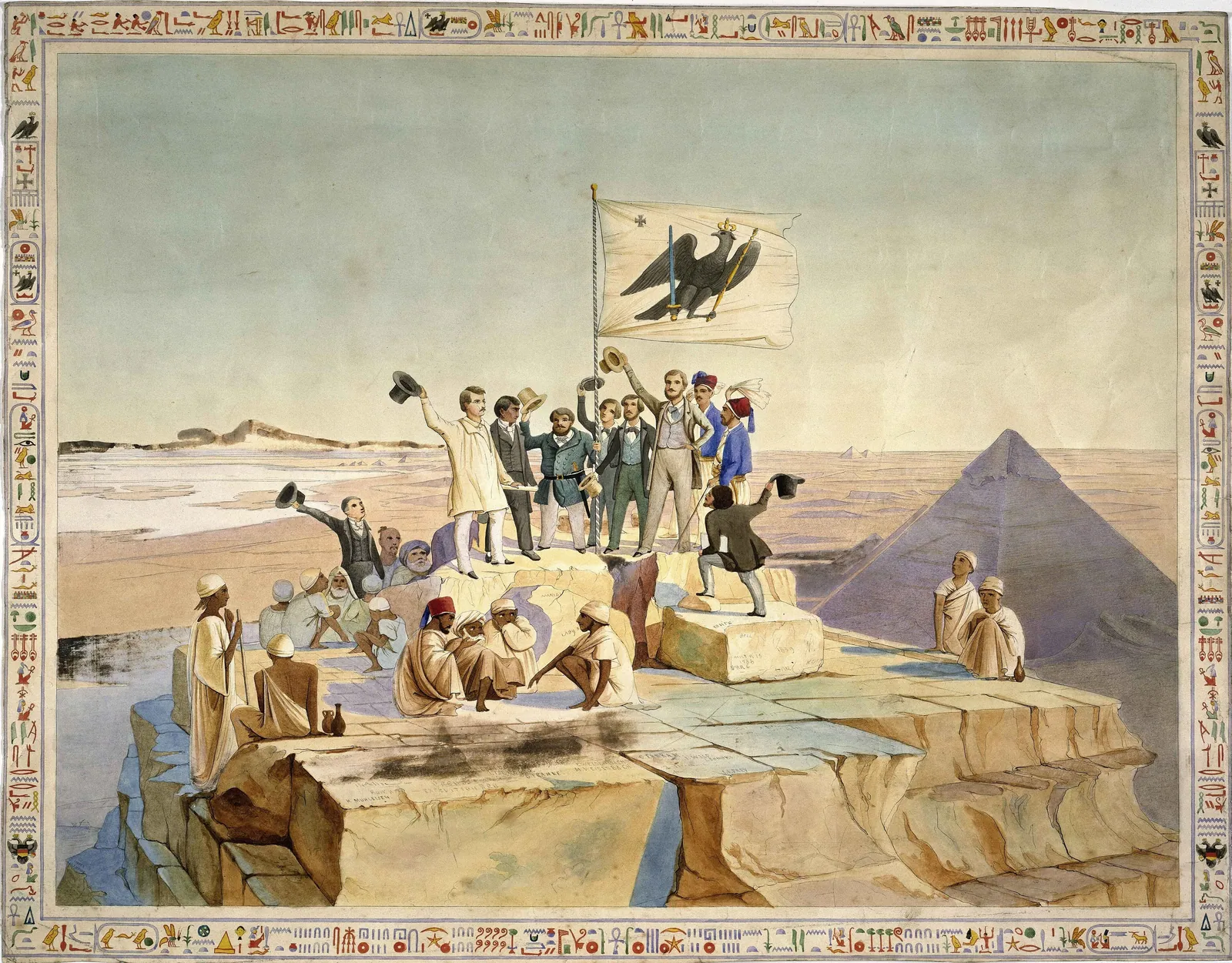 Den preussiska expeditionen firar kung Fredrik Vilhelm IV:s födelsedag på Cheopspyramidens topp den 15 oktober 1842, tecknat av expeditionens konstnär Johann Jakob Frey. Resan är i Abusir den 15 oktober 2026 – på dagen 184 år senare.