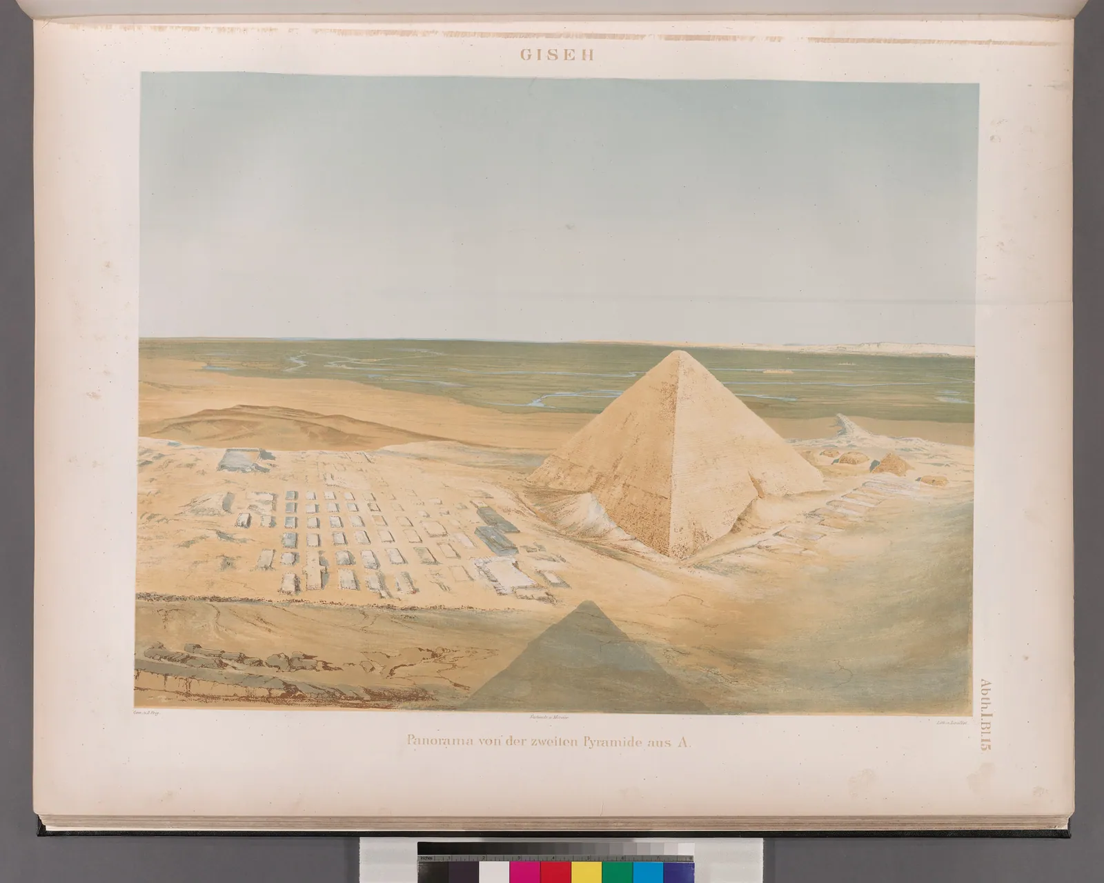 Panorama från toppen av Chefrens pyramid, vy A (Denkmäler avd. I, blad 15): Cheopspyramiden med drottningpyramiderna, Västra gravfältets rutnät av mastabagator och den översvämmade Nildalen – och i förgrunden Chefrenpyramidens egen skugga. Tecknat 1842–43, när man ännu fick klättra.