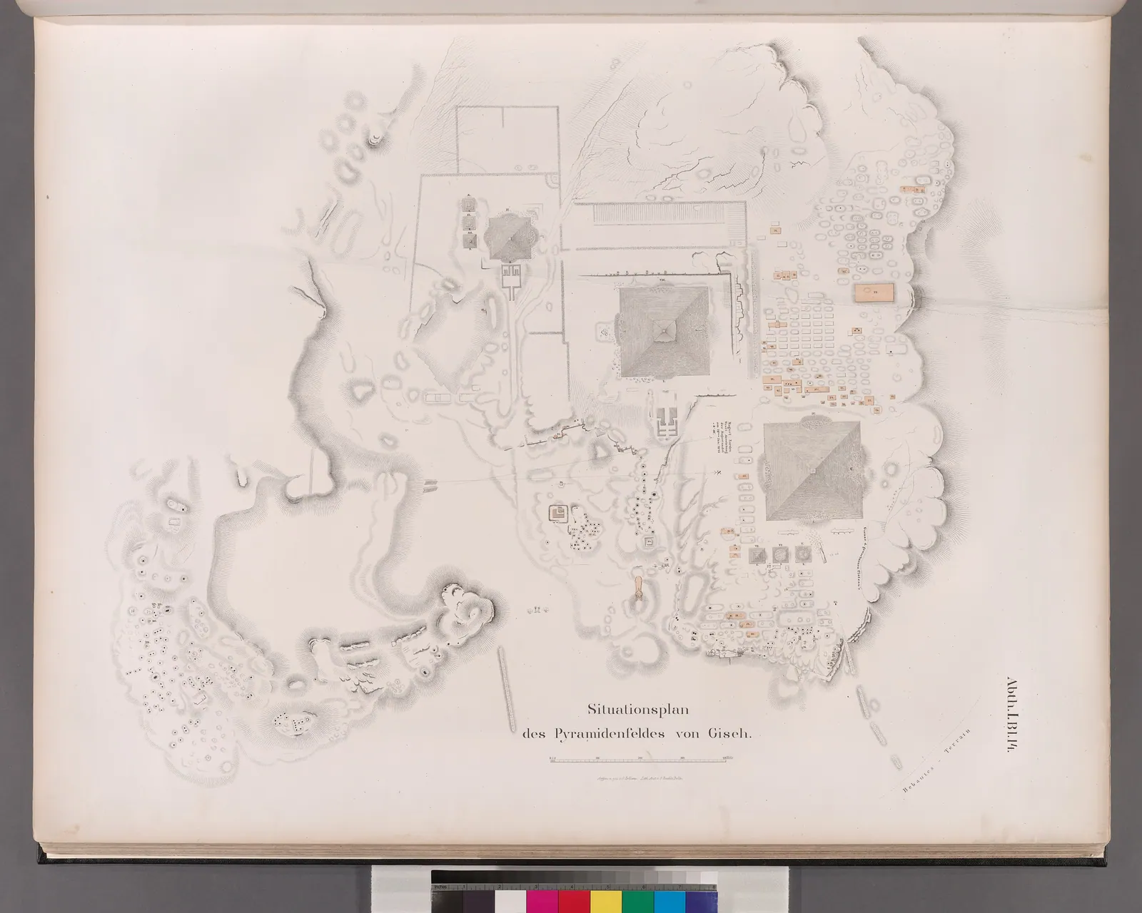 Lepsius uppmätningsplan över pyramidfältet i Giza (Denkmäler, avd. I, 1849). På sex månader förtecknade hans lag 67 pyramider från Abu Rawash till Hawara, numrerade från norr till söder med romerska siffror – ett system som fortfarande används.