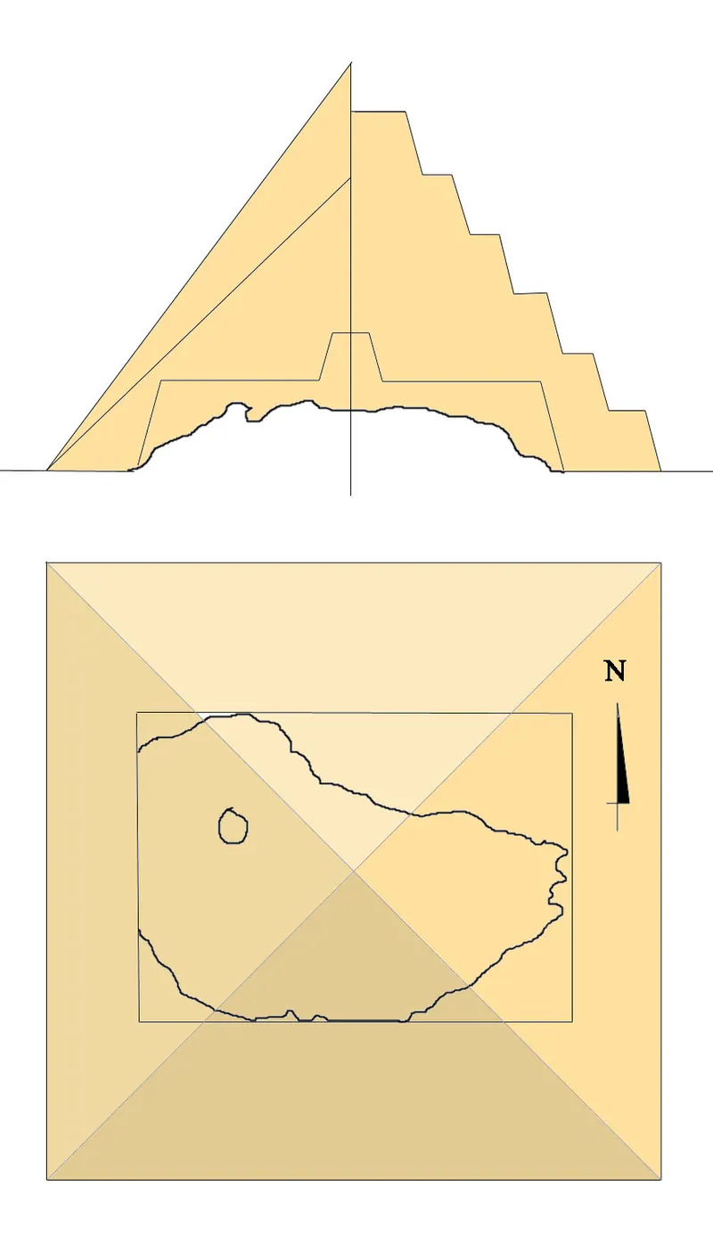 Rekonstruktion av tegelpyramiden Lepsius I efter Nabil Swelims undersökning 1985–87 (teckning Franck Monnier): en bas på omkring 215 meter, alltså i Chefrenpyramidens storleksklass.