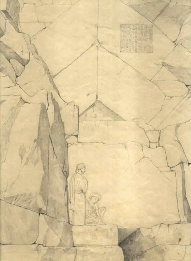 Lepsius hieroglyfiska inskrift till den preussiske kungens ära, huggen och oljemålad 1842 på en tillrättad sten ovanför Cheopspyramidens ursprungliga ingång – den finns kvar. Titta upp efter den dag 7.