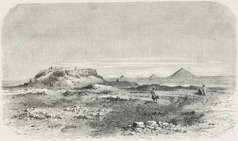 Gravyr av Mastabat el-Faraun (1878), Shepseskafs sarkofagformade grav i södra Saqqara, med Dahshurpyramiderna vid horisonten.