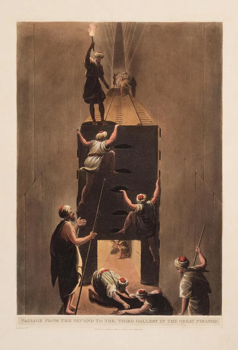 ”Passage från andra till tredje gallerian i Cheopspyramiden” – tryck efter Luigi Mayer (ca 1800): guider hissar upp resenärer för ett lodrätt steg i fackelsken, en bild som formade hur européer föreställde sig pyramidens inre.