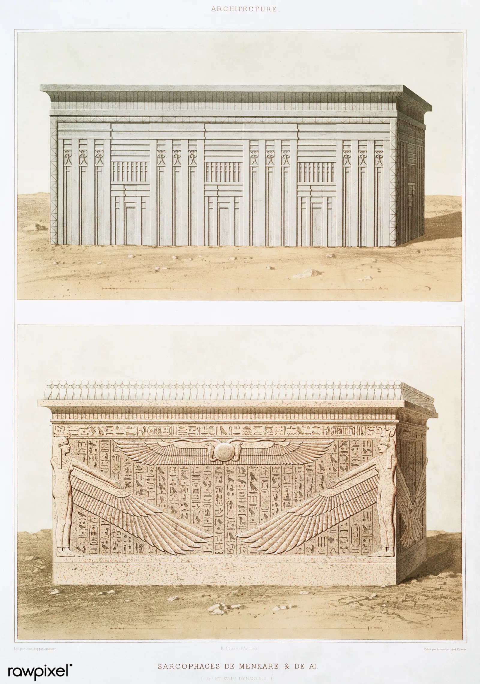 Menkaures förlorade sarkofag (överst), huggen med ett palatsfasadmönster av nischer och dörrar, så som Émile Prisse d'Avennes tecknade den i Histoire de l'art égyptien (1878). Vyse skeppade den till England 1838, men fartyget Beatrice gick under utanför den spanska kusten och sarkofagen har aldrig återfunnits.