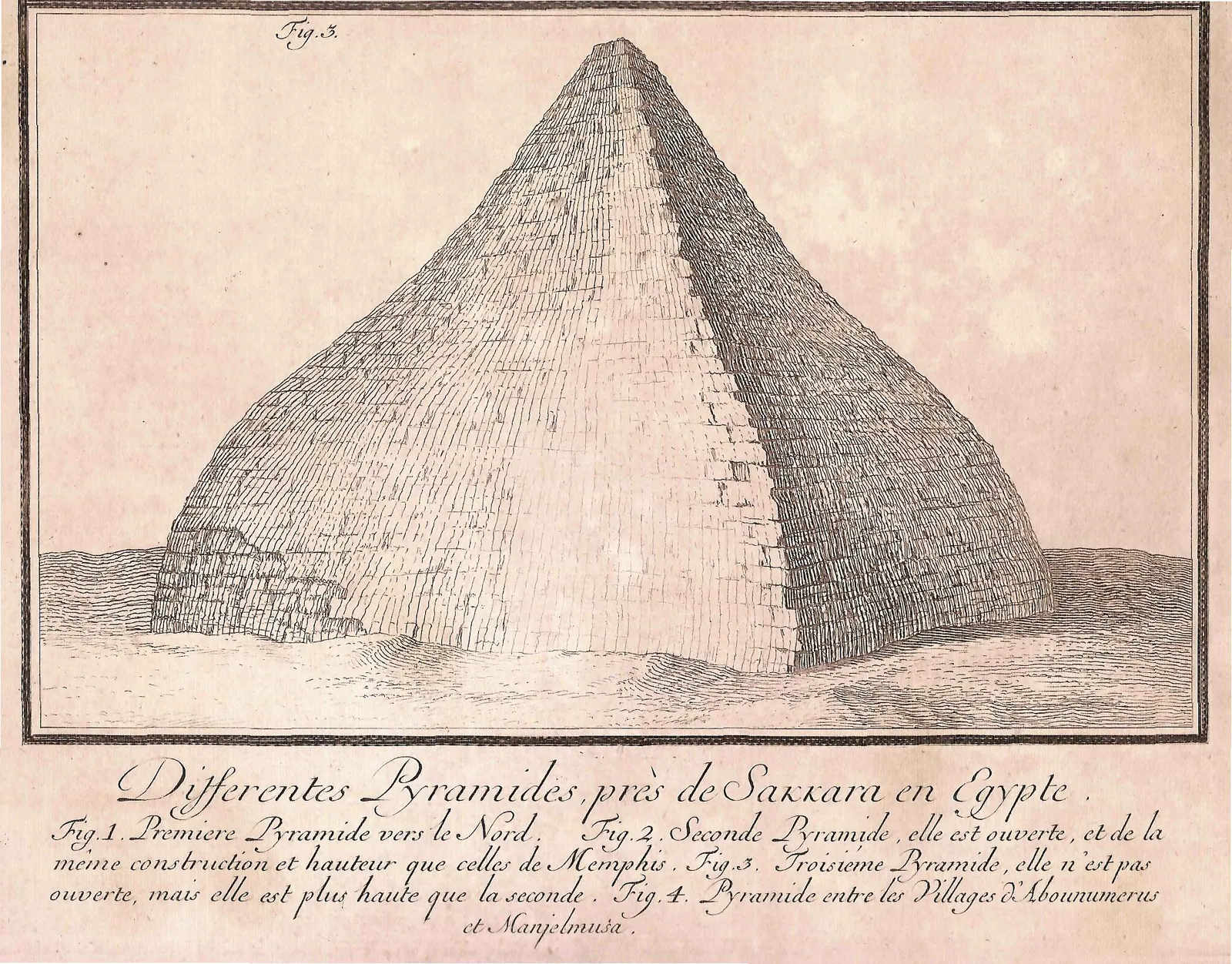 Nordens bild av Knäckta pyramiden i Dahshur, hans ”pyramide rhomboïdale” (publicerad 1755) – en av de första europeiska bilderna av pyramiden ni går in i dag 4.