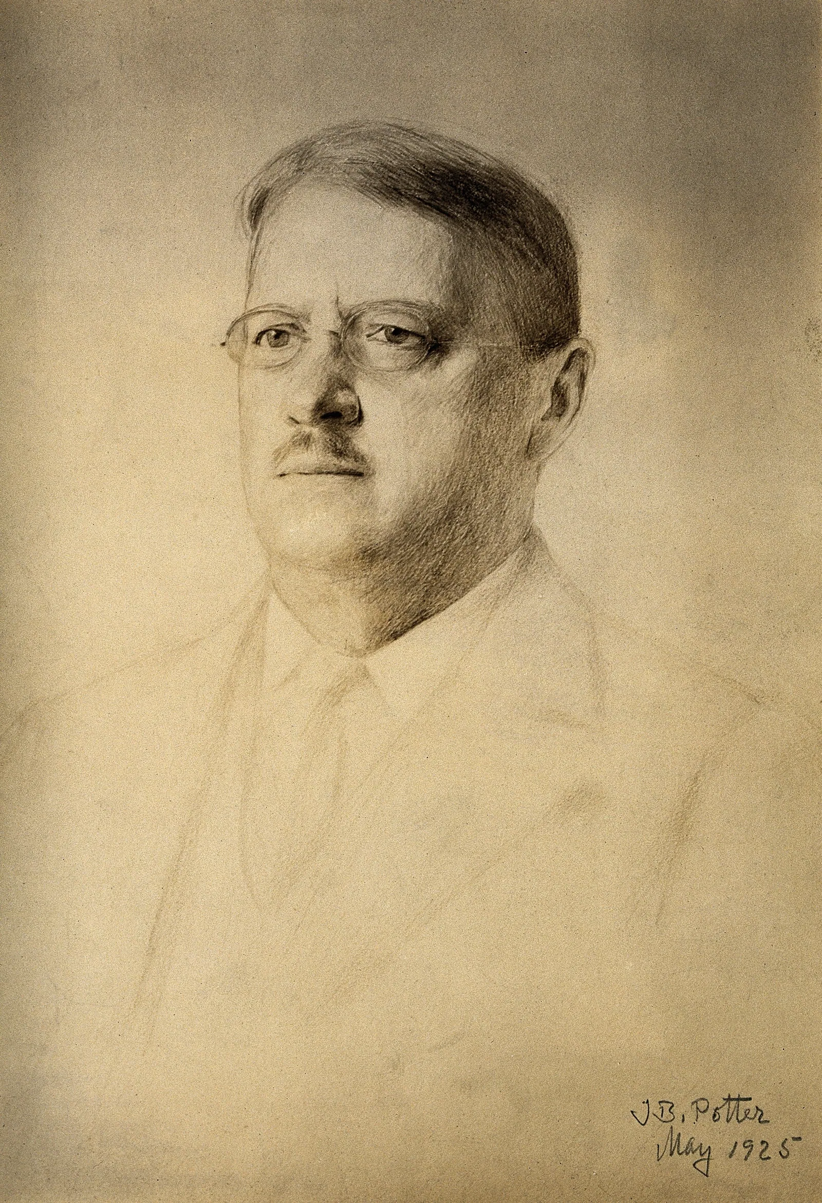 George Andrew Reisner (1867–1942), ledare för Harvard–Boston-expeditionen i Giza i fyrtio år (fotografi av en teckning av J. B. Potter från 1925). År 1925 hittade hans lag den hemliga schaktgraven åt Hetepheres, Cheops mor.