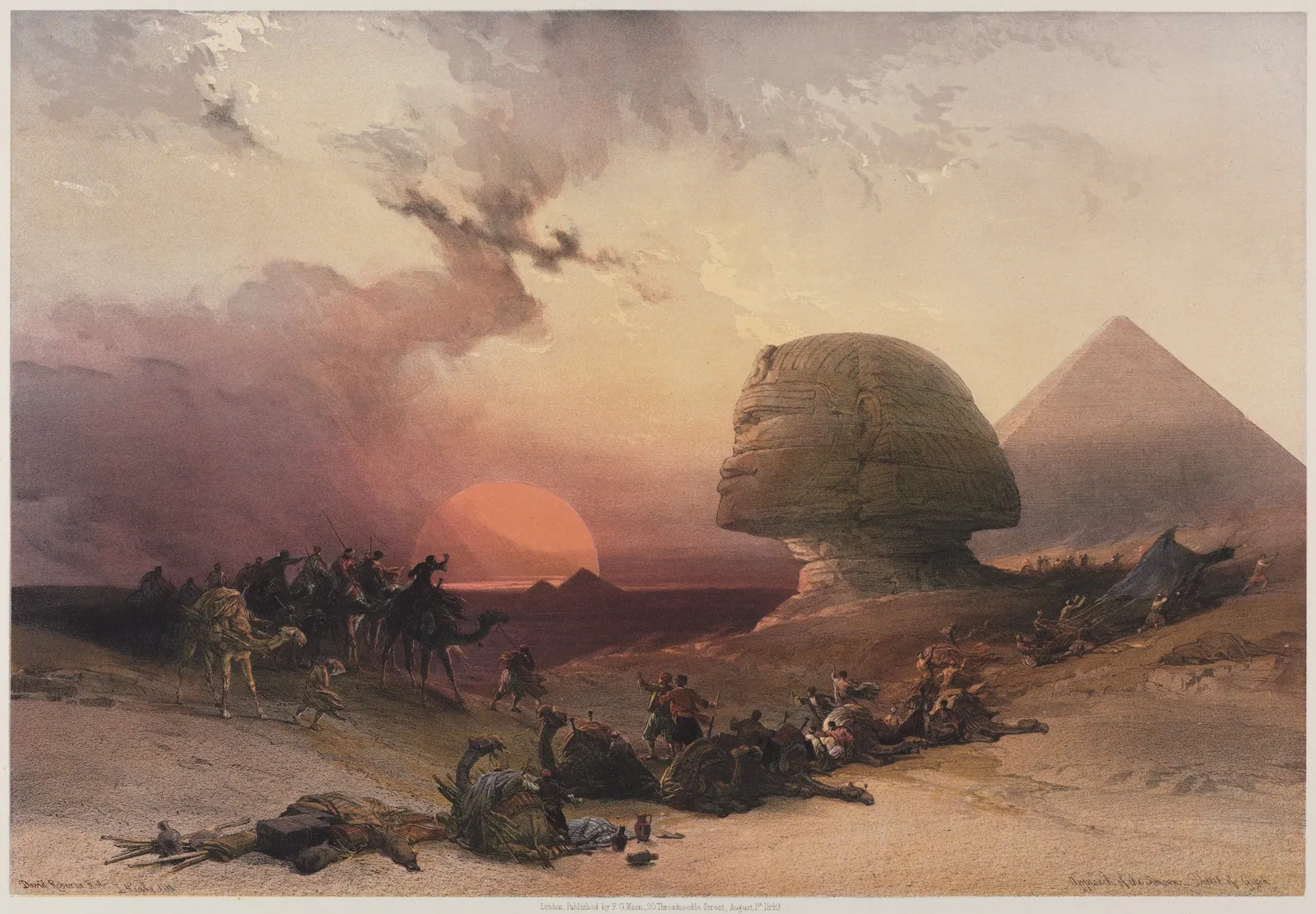 ”Approach of the Simoom – Desert of Gizeh” (litografi av Louis Haghe efter David Roberts, 1849): en karavan kastar sig ner när en blodröd sandstorm sväljer solen bakom Sfinxen och Cheopspyramiden.