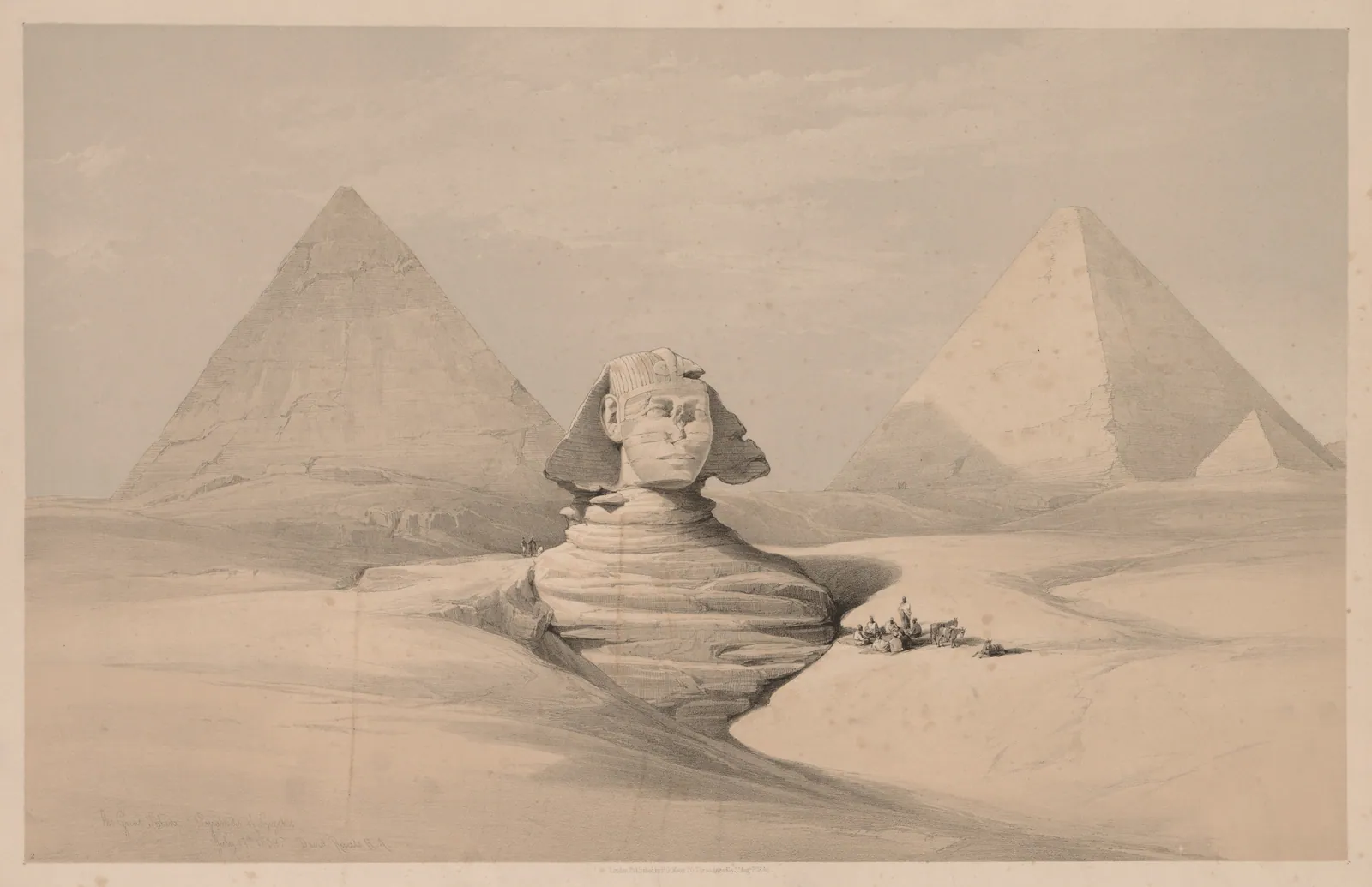 ”The Great Sphinx, Pyramids of Gizeh” – tonad litografi av Louis Haghe efter David Roberts (Egypt and Nubia, band I, nr 18; tecknad 1839). Roberts visar Sfinxen begravd i sand upp till bröstet, med Cheops och Chefrens pyramider bakom.