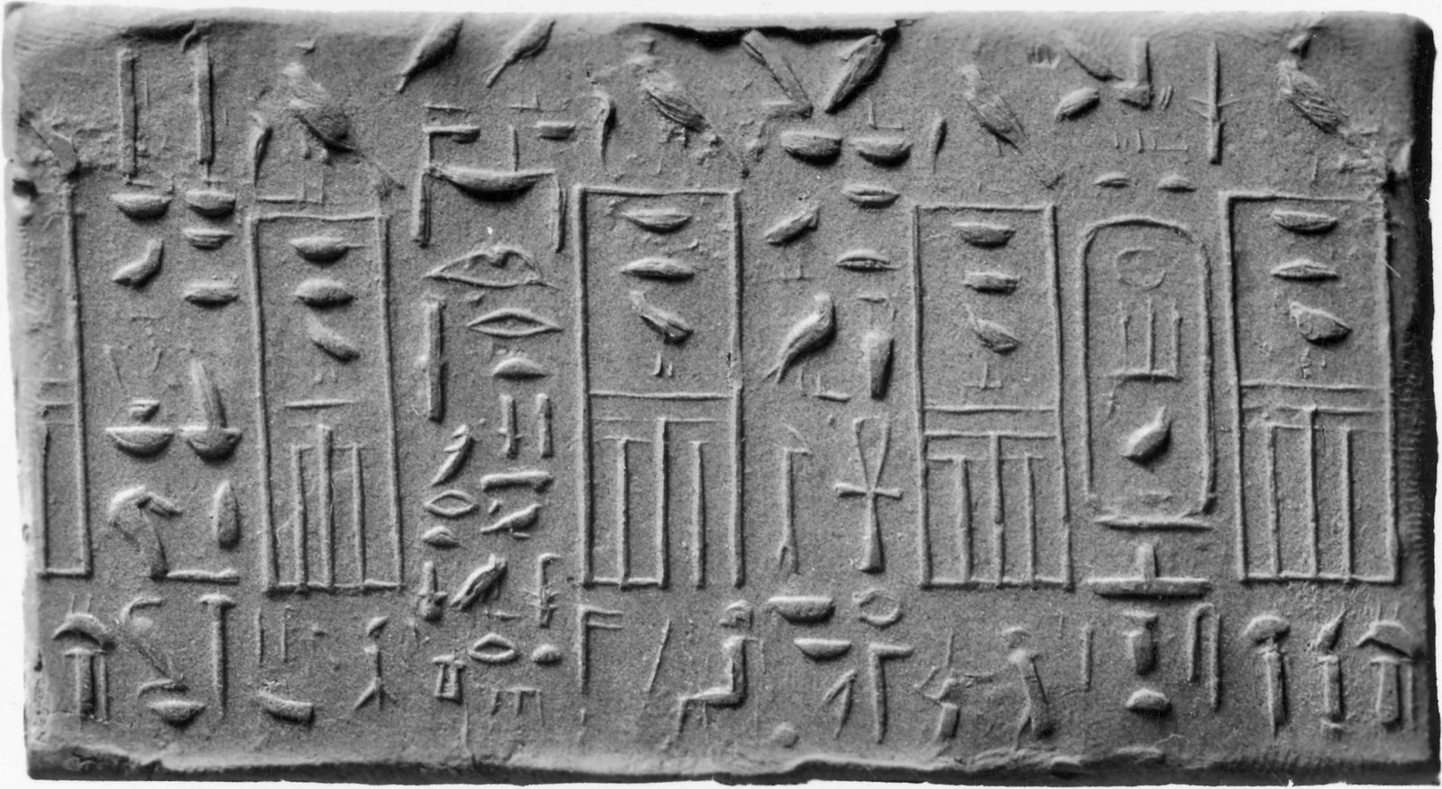Kunglig cylindersigill för kung Sahure, visad som utrullad bild (Walters Art Museum): sådana brukssigill upprepade kungens horusnamn och ämbetsmännens titlar för att försegla krukor, lådor och dörrar.
