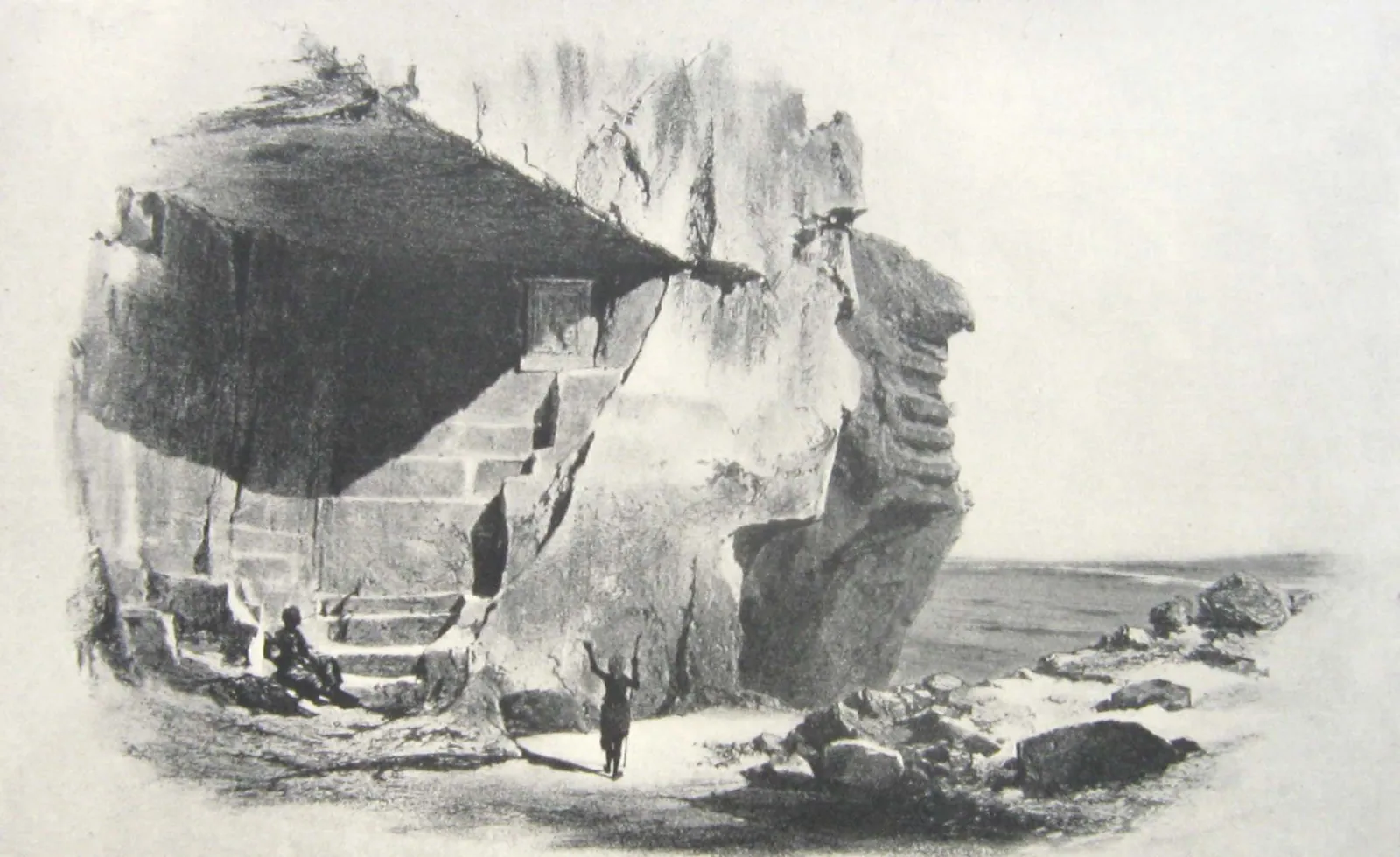 Kalkstensbrotten i Tura på Nilens östra strand, tecknade av Lepsius expedition på 1840-talet: djupa gallerier som gav den fina vita beklädnadsstenen – den last som inspektör Merers besättning fraktade till Giza sent under Cheops regering.