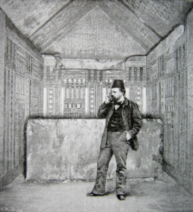 Louis Boudiers gravyr av Unas gravkammare så som den såg ut efter att Gaston Maspero tagit sig in den 28 februari 1881; publicerad i Masperos populärhistoriska verk på 1890-talet.