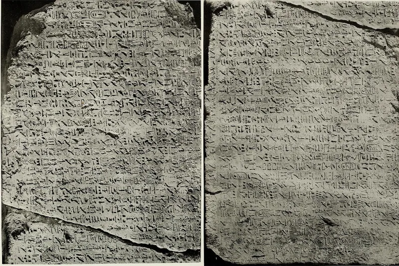 Weni den äldres självbiografi från hans mastabakapell i Abydos (nu i Egyptiska museet i Kairo), här i Grébauts fotografiska planscher. Den berättar hur Weni hämtade Merenres sarkofag, pyramidion, falska dörr i granit och altare i alabaster, och grävde fem kanaler vid första katarakten.